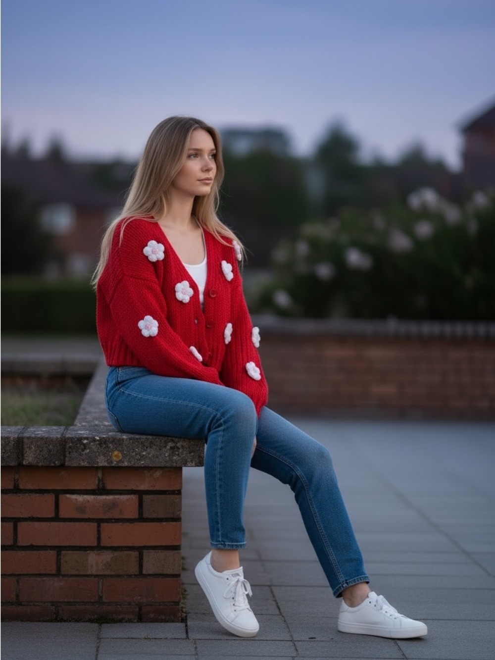 NWT Luna Ivy 3D Floral Red Knit Cropped Cardigan Size Small